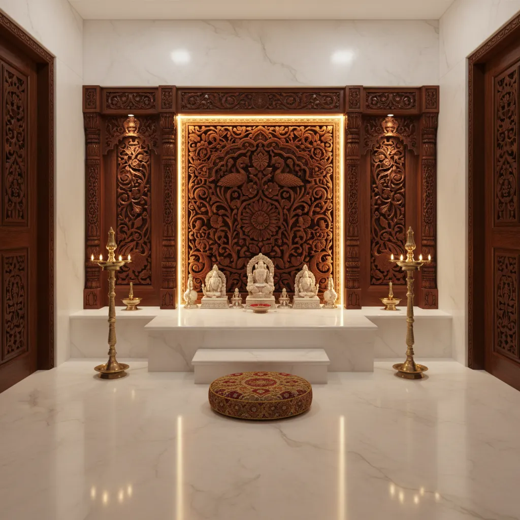 4x4 pooja room with raised idol platform and small seating area in a modern Indian home
