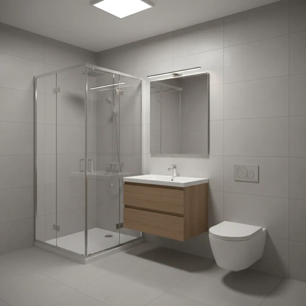 Compact 4x6 bathroom with corner shower layout maximizing floor space
