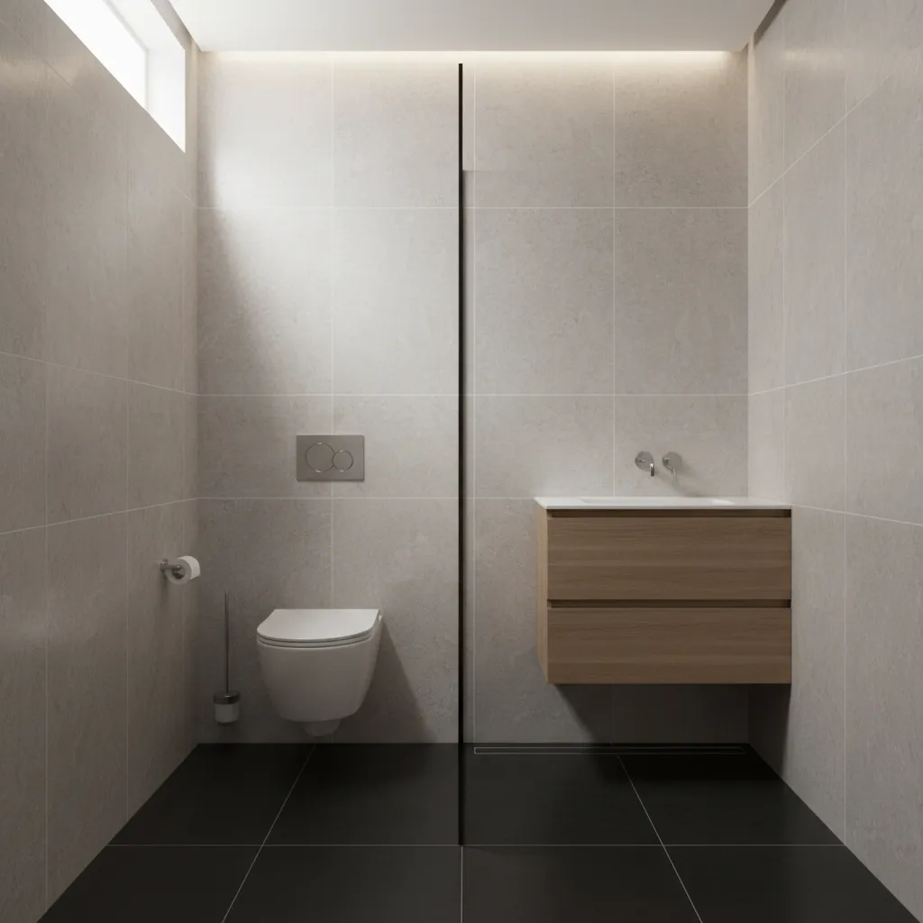 Modern 4x6 bathroom wet room design with open shower and floor drain
