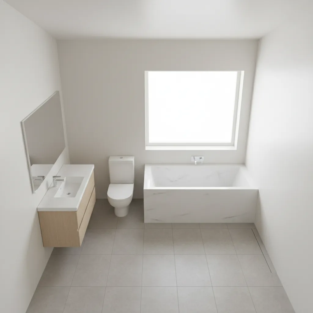 4 by 7 bathroom linear layout with vanity toilet and tub in one row