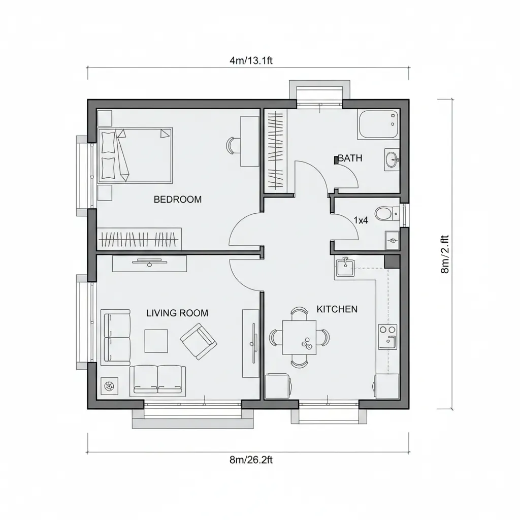 Sơ đồ mặt bằng nhà 4x8m 1 tầng với phòng khách bếp và phòng ngủ