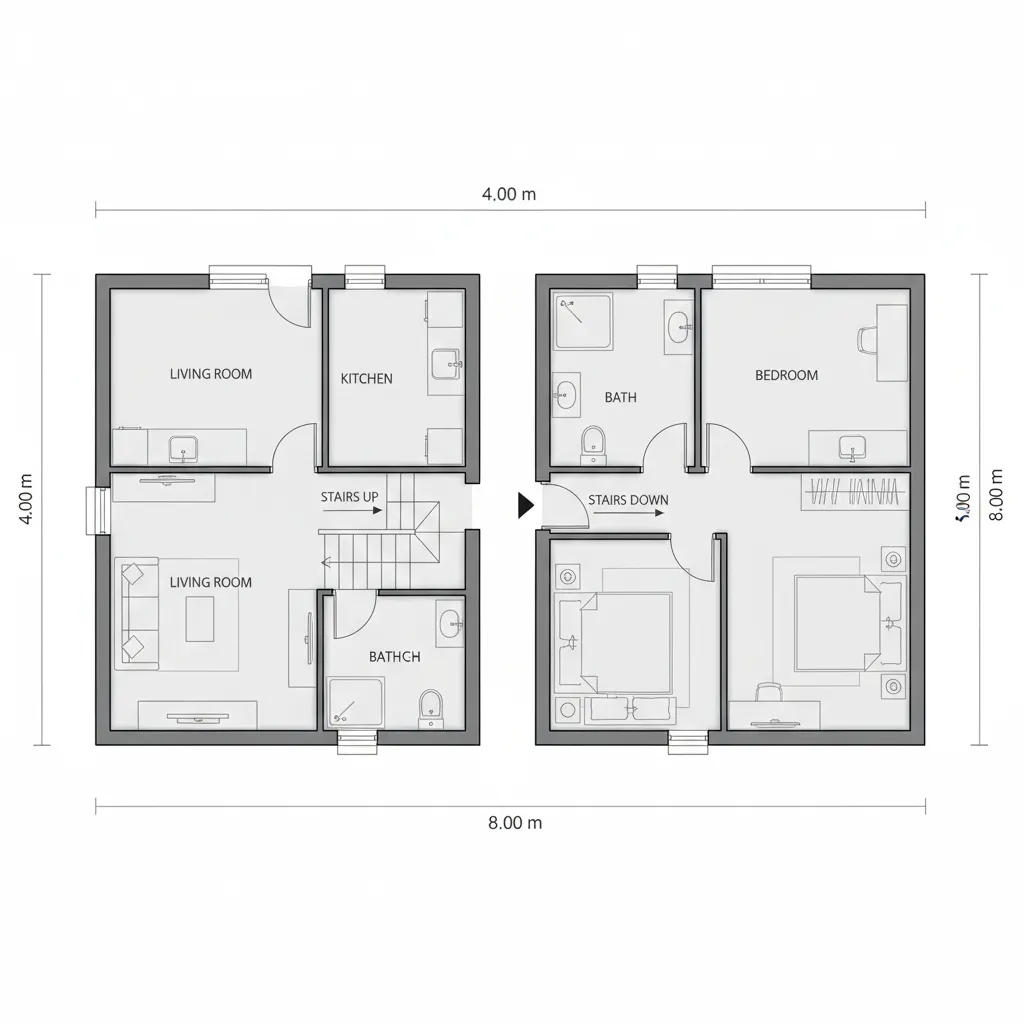 Mặt bằng bố trí nhà 2 tầng 4x8m với phòng khách bếp và cầu thang giữa