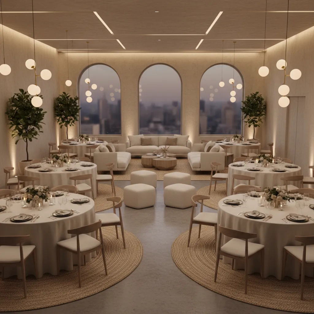 event room prepared for a 50 guest celebration with open layout and tables