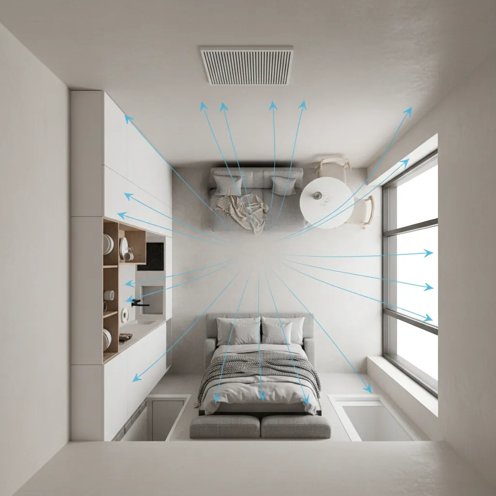 500 sq ft studio apartment layout illustrating airflow and cooling coverage