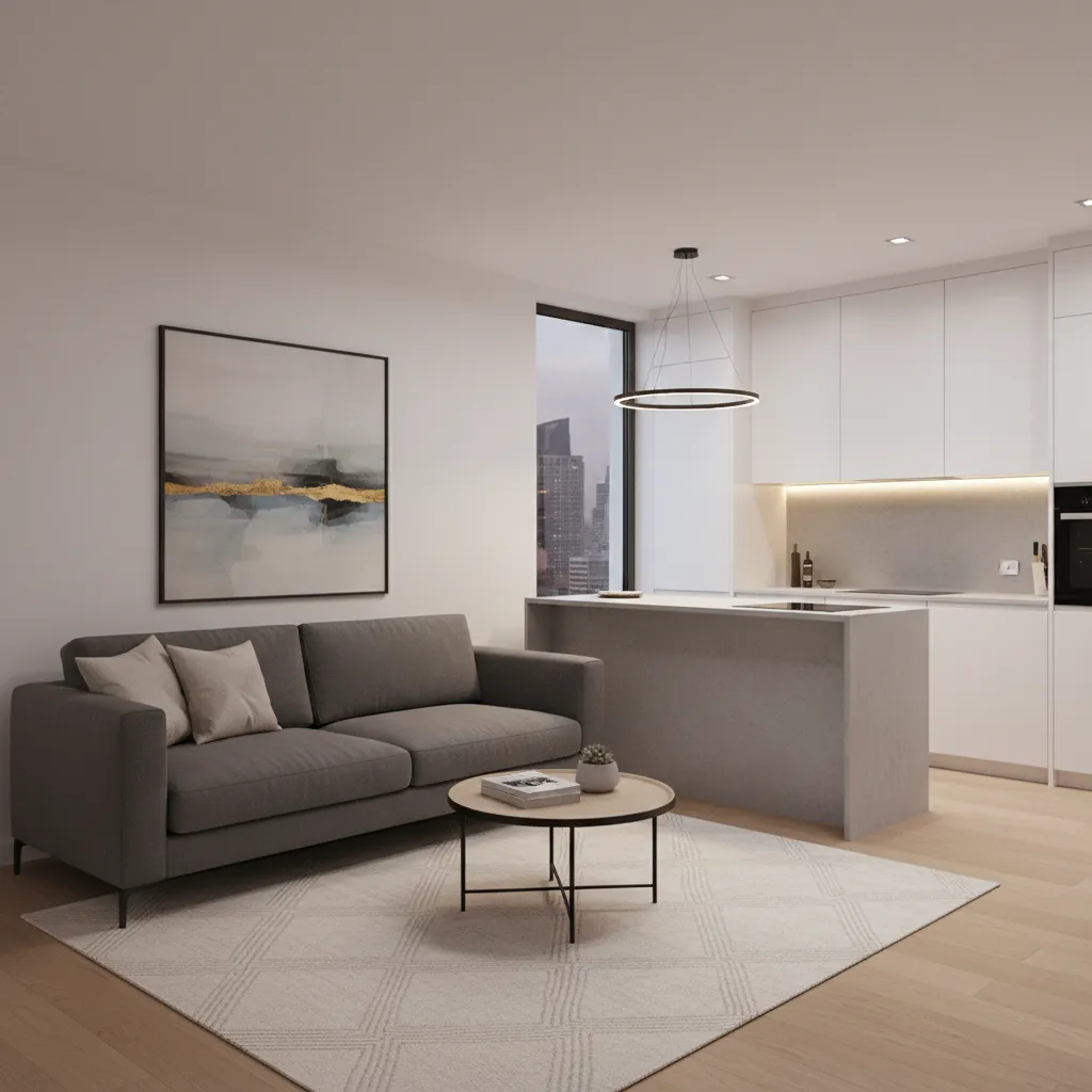 Interior of a 500 sq ft apartment showing slightly larger living area