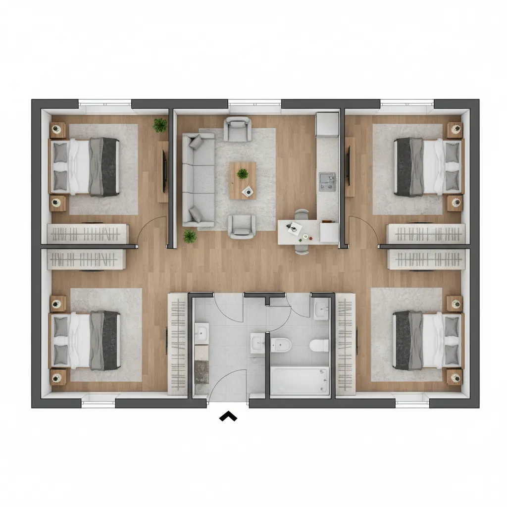 Interior design drawing of four bedroom apartment with living room kitchen and shared bathroom layout