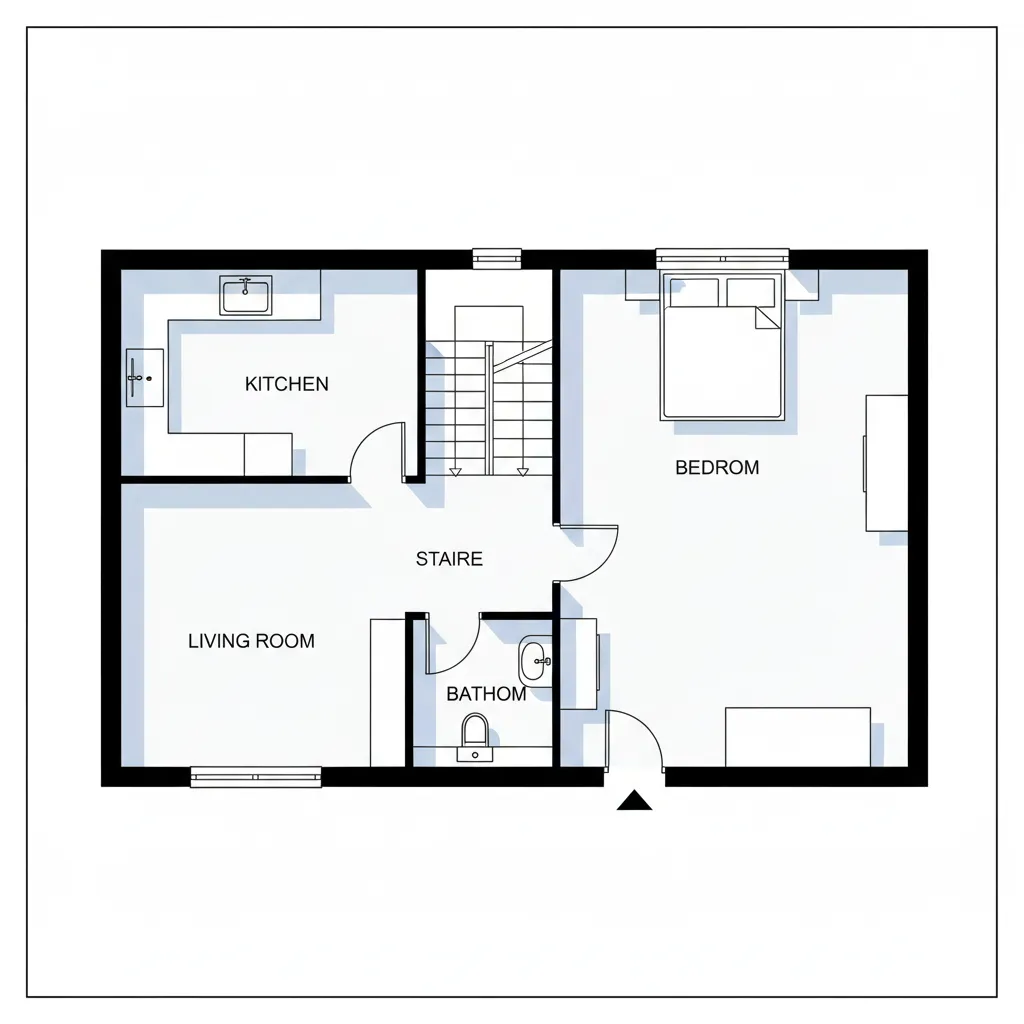 Simple 2D floor plan showing kitchen living room stairs bathroom and bedroom in house layout