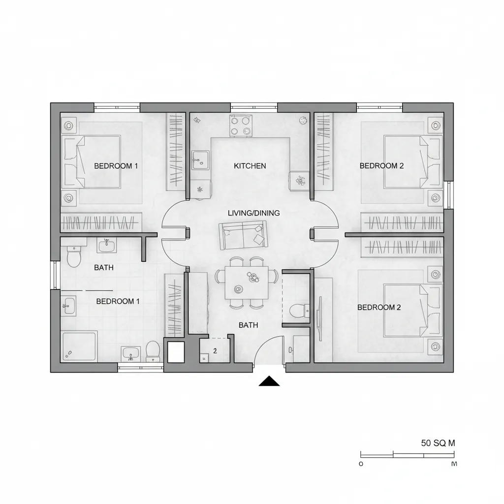 Sơ đồ mặt bằng nhà 50m2 với 2 phòng ngủ