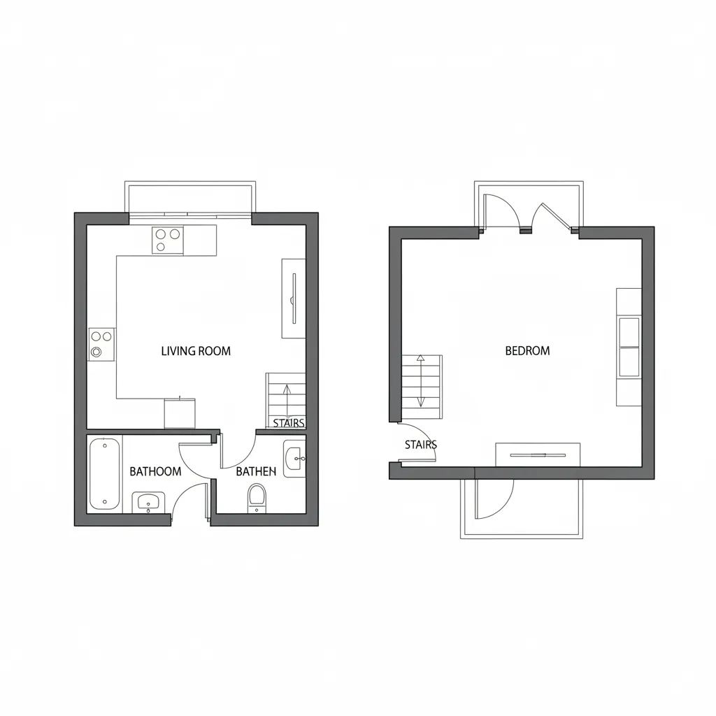 Simple interior design drawing showing living room bathroom and bedroom room layout with small stairs
