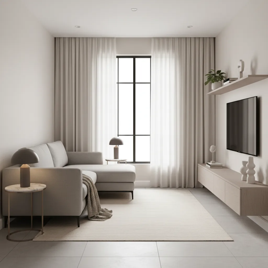 Minimalist living room with grey sofa white curtains wall television wooden cabinet and beige rug
