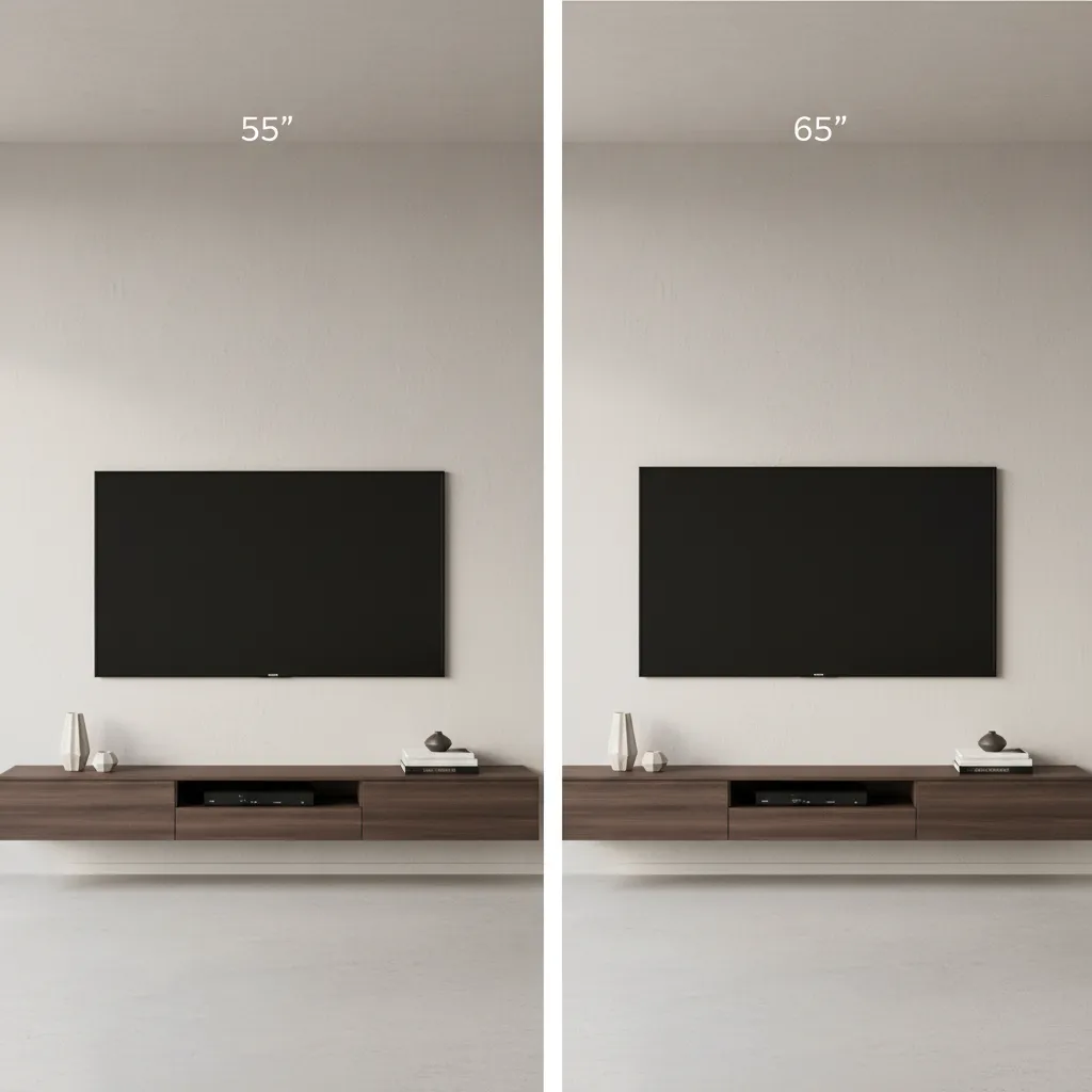 visual comparison of 55 inch and 65 inch tv on living room wall