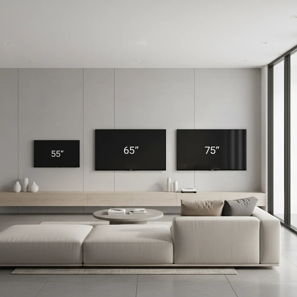 Comparison of 55 65 and 75 inch TVs on the same living room wall