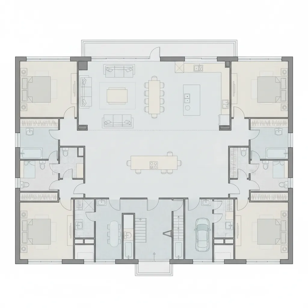 Large 5500 sq ft house floor plan layout showing zoned spaces for living sleeping and service areas