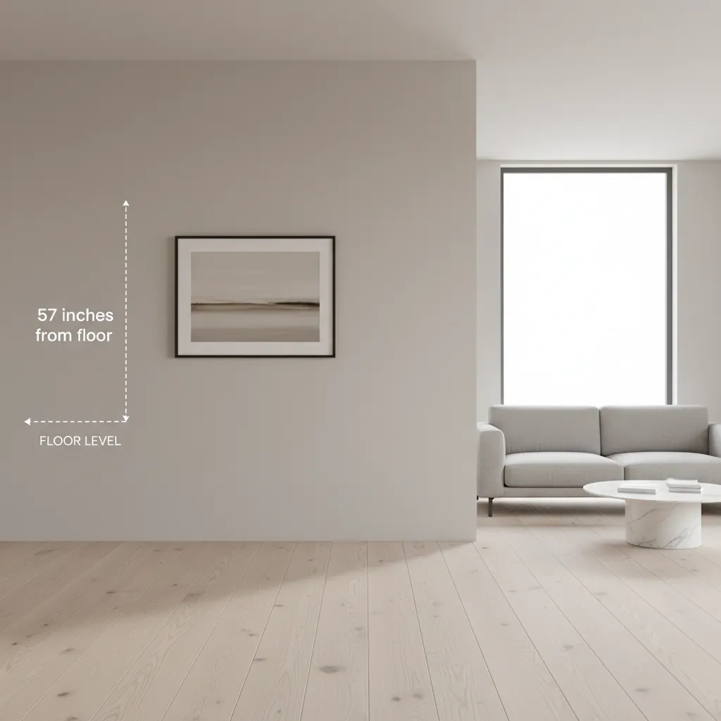 Diagram showing 57 inch gallery rule for hanging wall art at eye level