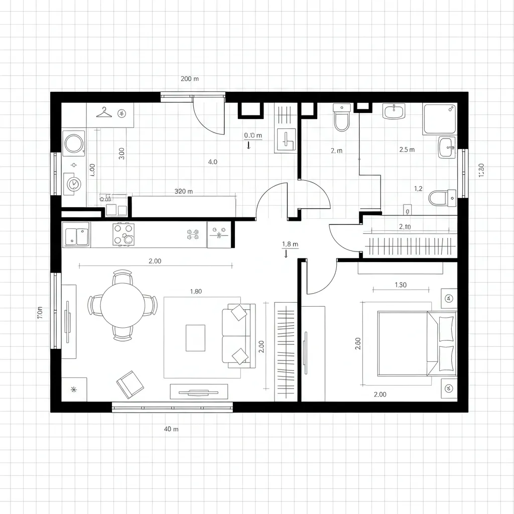 Top-down CAD plan of a 58 m² one-bedroom calm loop with grid-based zoning
