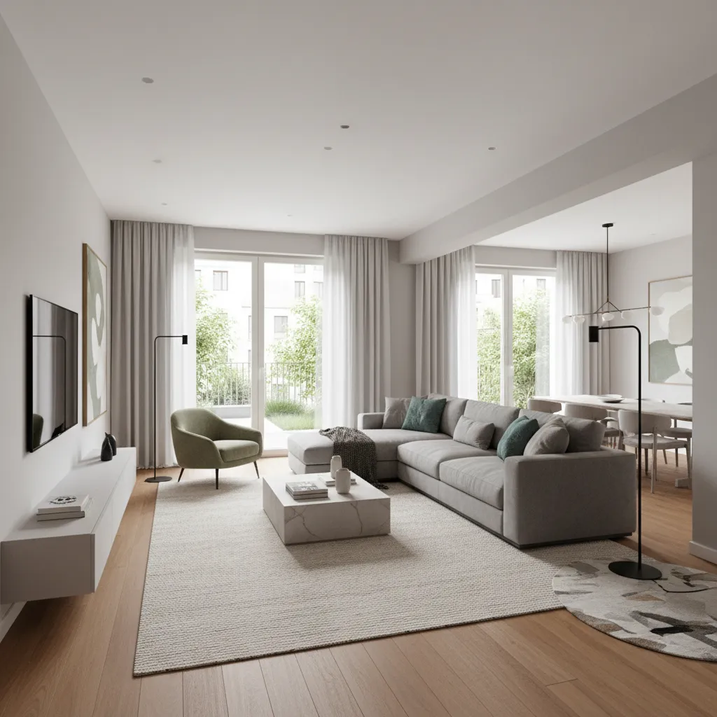 Large living room zoning layout with rug defined seating and reading corner