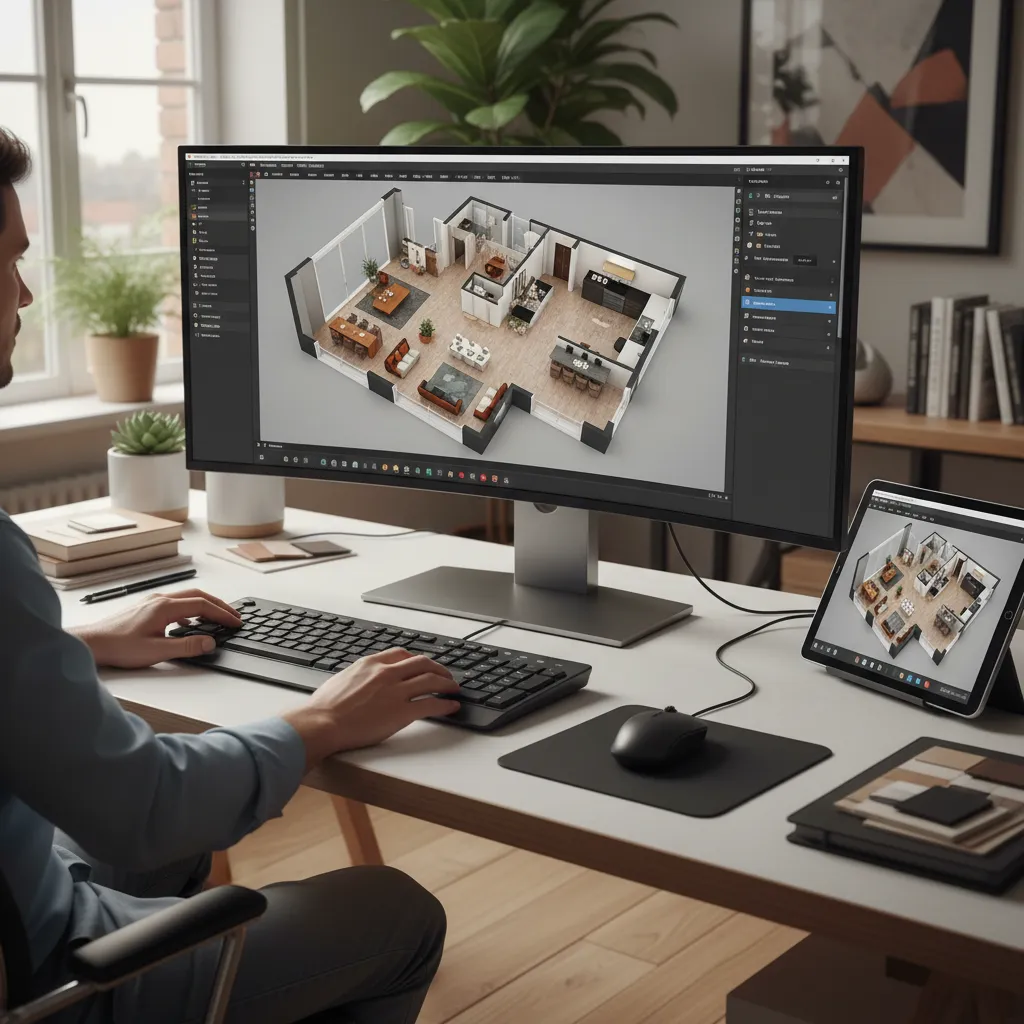 Designer using a 5D floor plan creator to design a residential layout on a computer