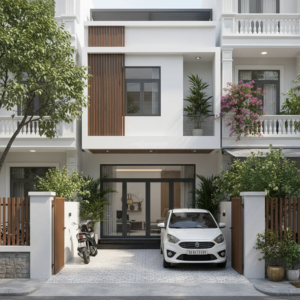 Sân trước nhà phố 5m dùng để đỗ xe và tạo khoảng thoáng