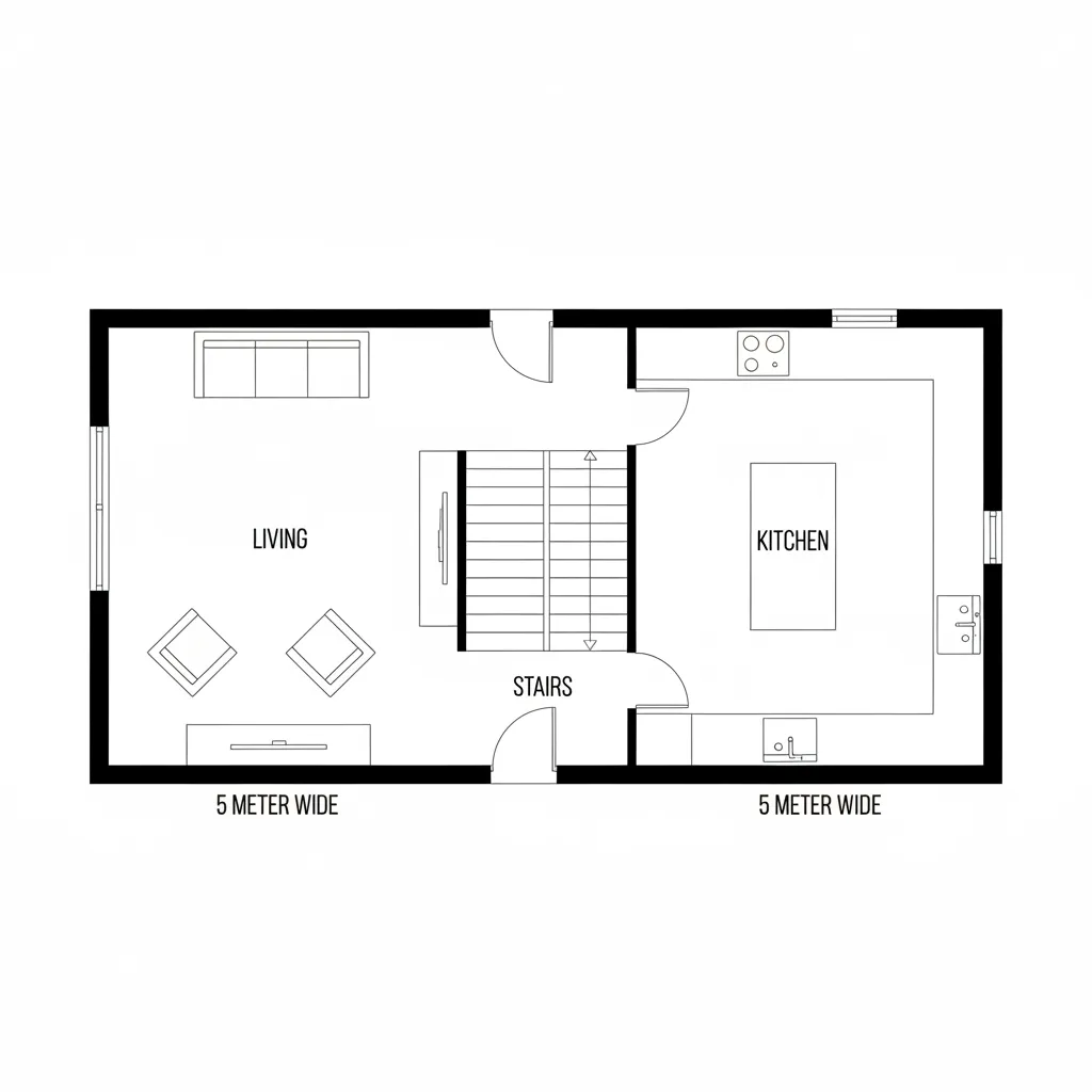 Sơ đồ bố trí mặt bằng nhà phố 5m có cầu thang giữa