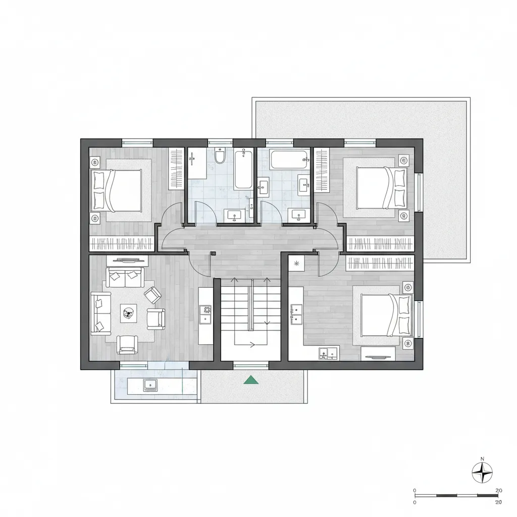 Room layout design showing three bedrooms living room kitchen bathrooms stairs and a small balcony