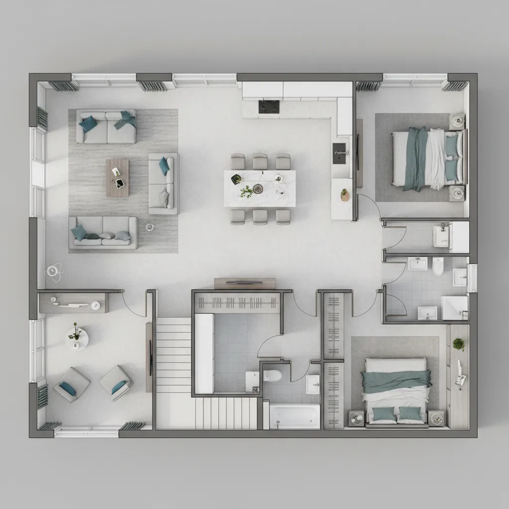 Modern 3D room layout showing living area kitchen two bedrooms bathrooms stairs and white furniture