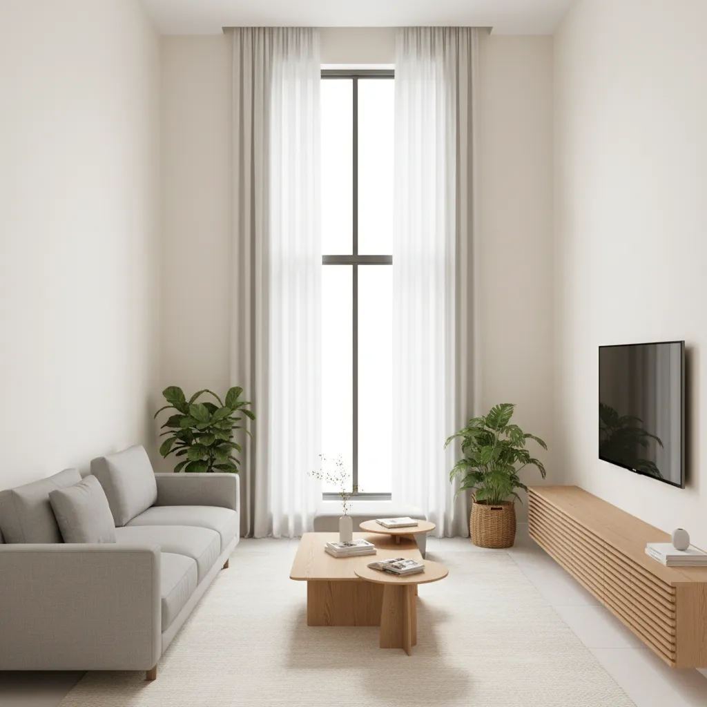 Minimalist living room with gray sofa wooden coffee table television cabinet tall window and curtains