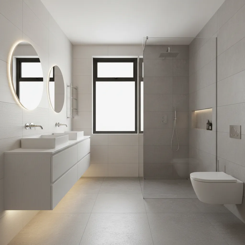 Modern 5x12 bathroom layout with walk in shower glass partition and floating vanity