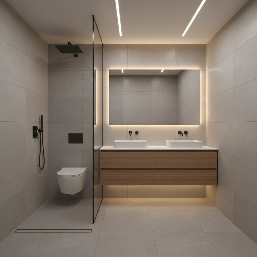 Wet room style layout for a narrow 5x12 bathroom with open shower area