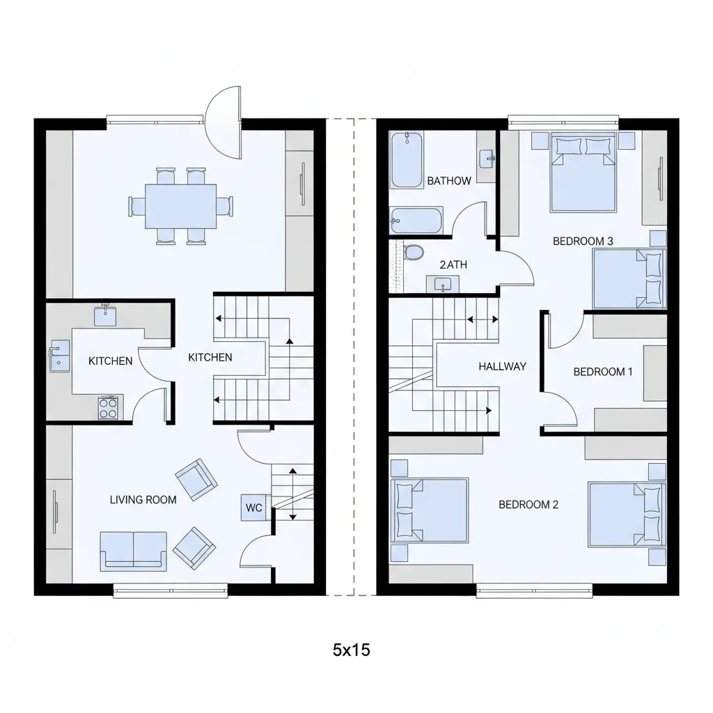 Two story house floor plan with living room kitchen dining area three bedrooms and bathrooms