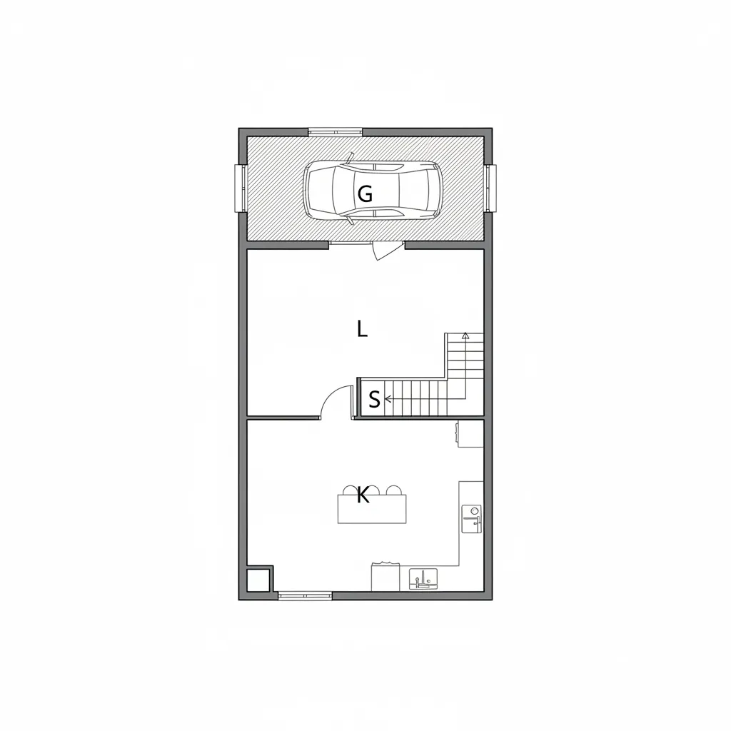 House floor plan showing a garage living area kitchen and stairs in this room layout