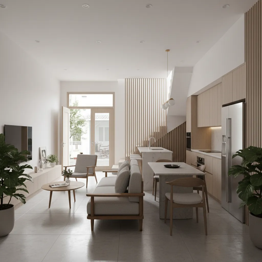 Open living and dining space in 5x18m townhouse