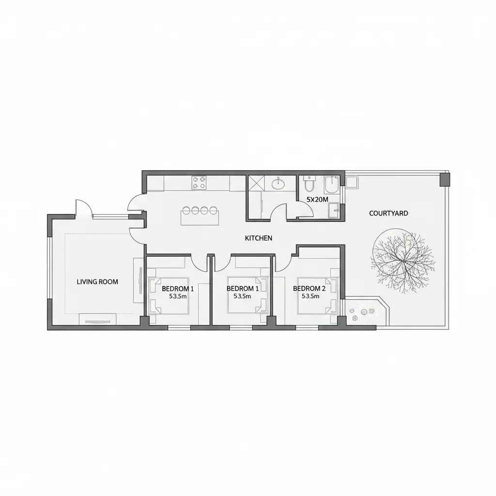 Simple floor plan layout of a 5x20m one story tube house