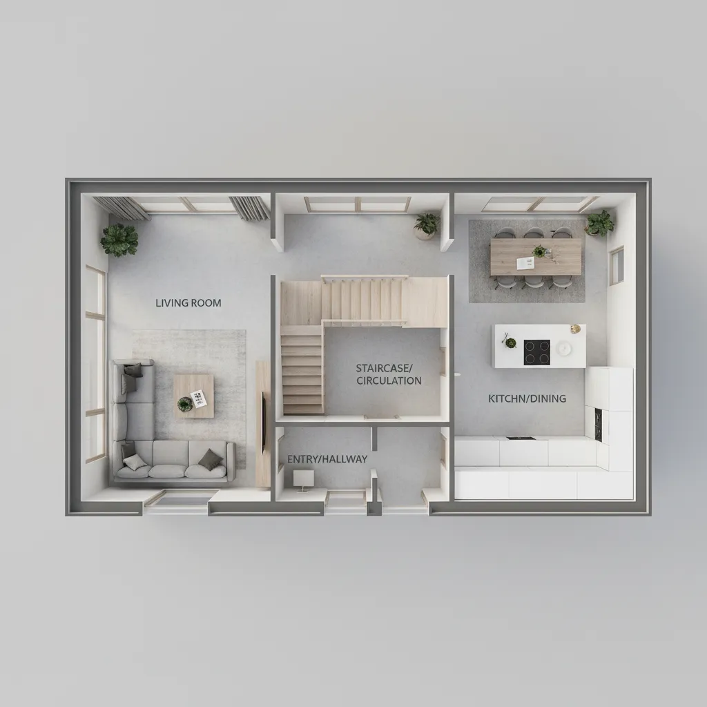 Bố cục mặt bằng nhà phố 5x20 với phòng khách, cầu thang giữa và bếp phía sau