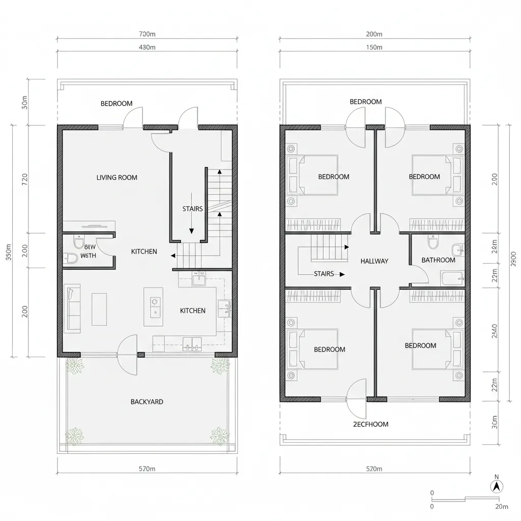 Sơ đồ mặt bằng nhà ống 2 tầng 5x20m với phòng khách bếp và sân sau