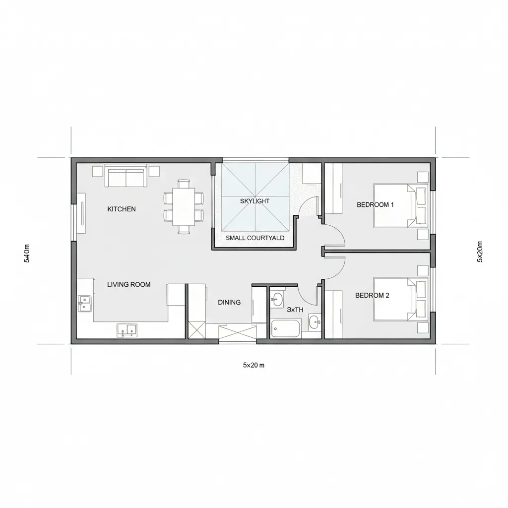Sơ đồ bố trí mặt bằng nhà cấp 4 5x20 gồm phòng khách phòng ngủ và bếp