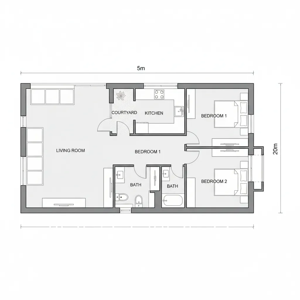 House floor plan drawing with living room, kitchen, courtyard, three bedrooms, two bathrooms, and sizes