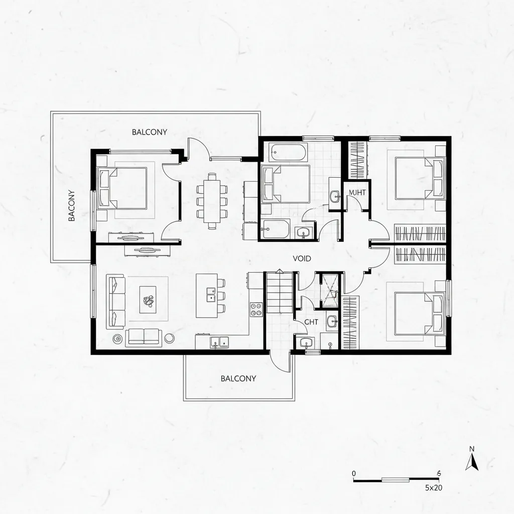 Detailed 2D house floor plan with four bedrooms living room kitchen bathrooms and three balconies