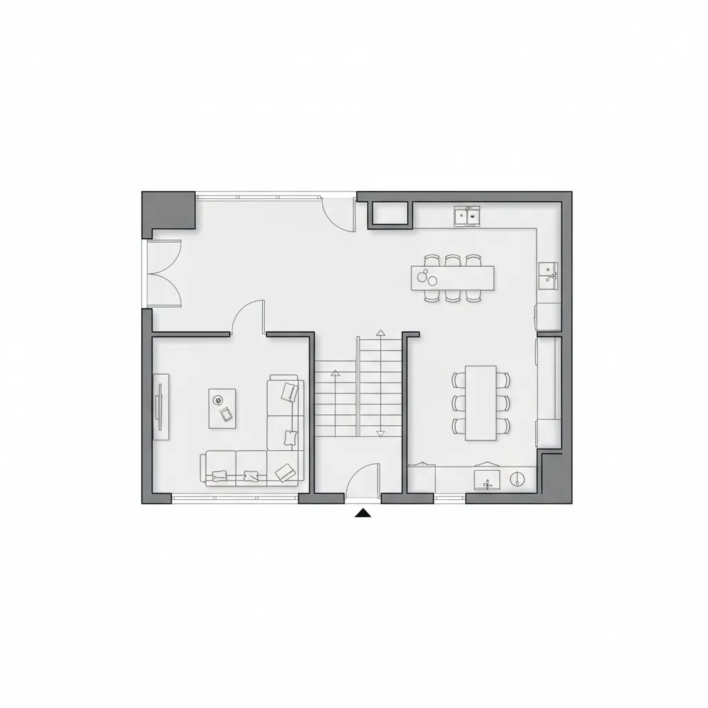 2D floor plan drawing showing a living room with sofa and dining room with table