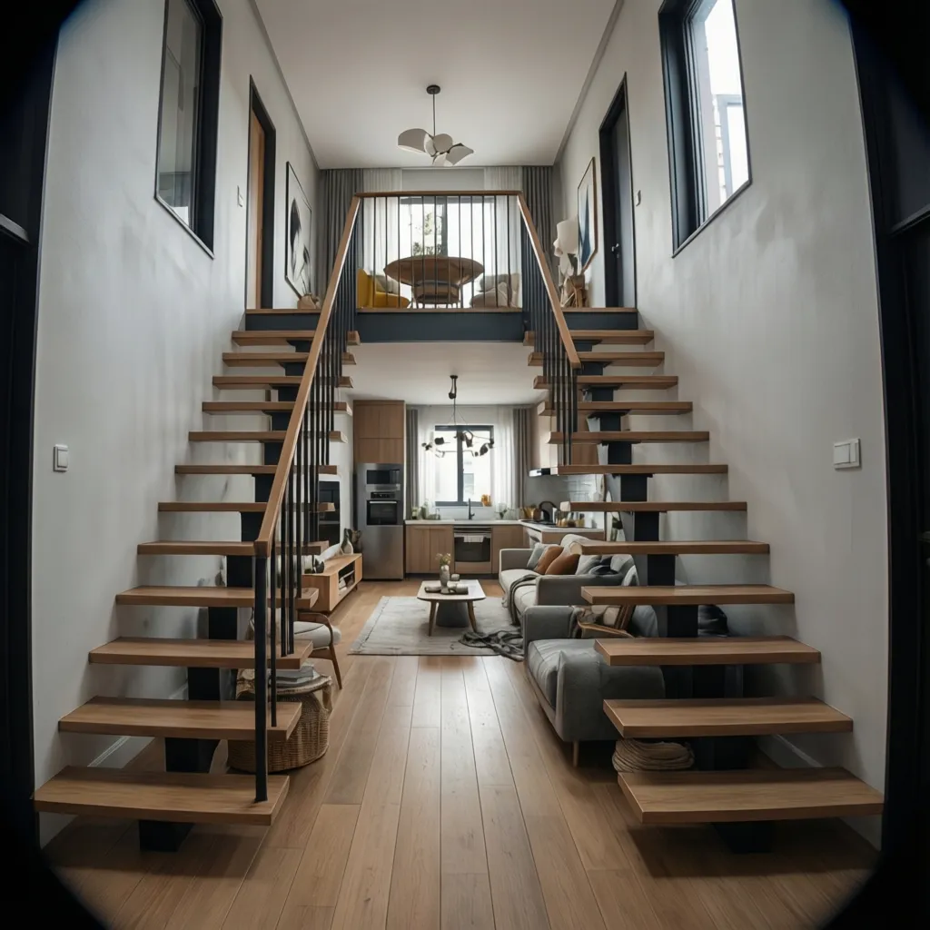 Interior design drawing showing two wooden stairs leading to a mezzanine living area and kitchen