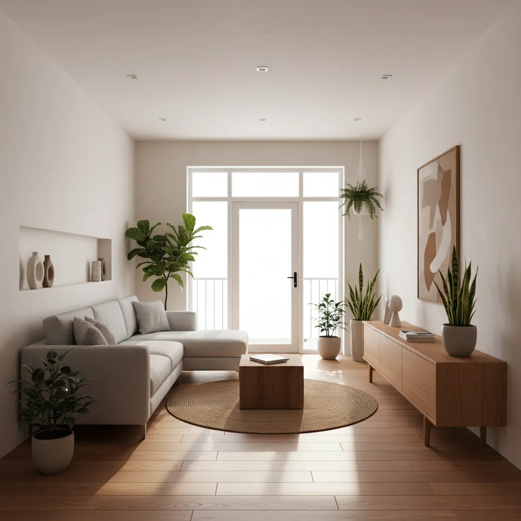 Bright living room inside a one story 5x20m tube house with natural light
