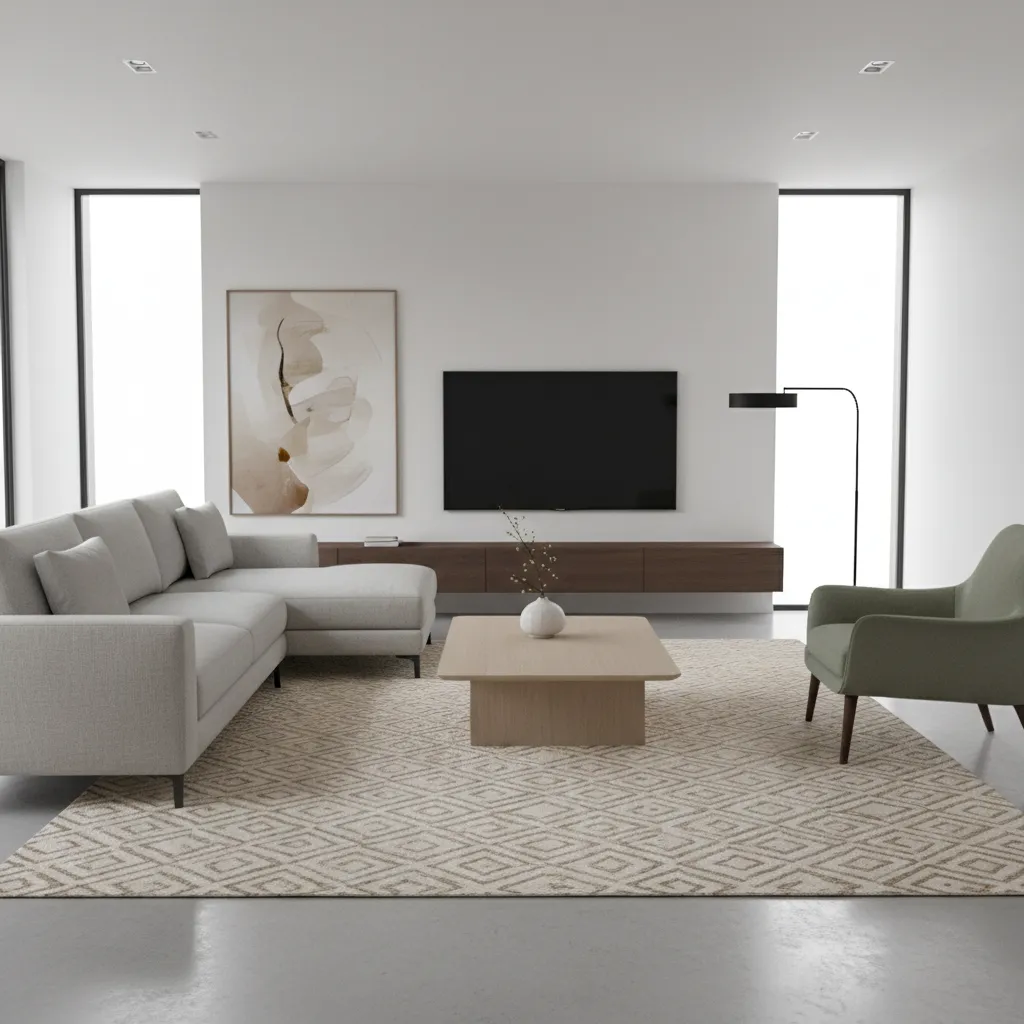 Living room furniture arrangement showing sofa front legs placed on a 5x8 rug
