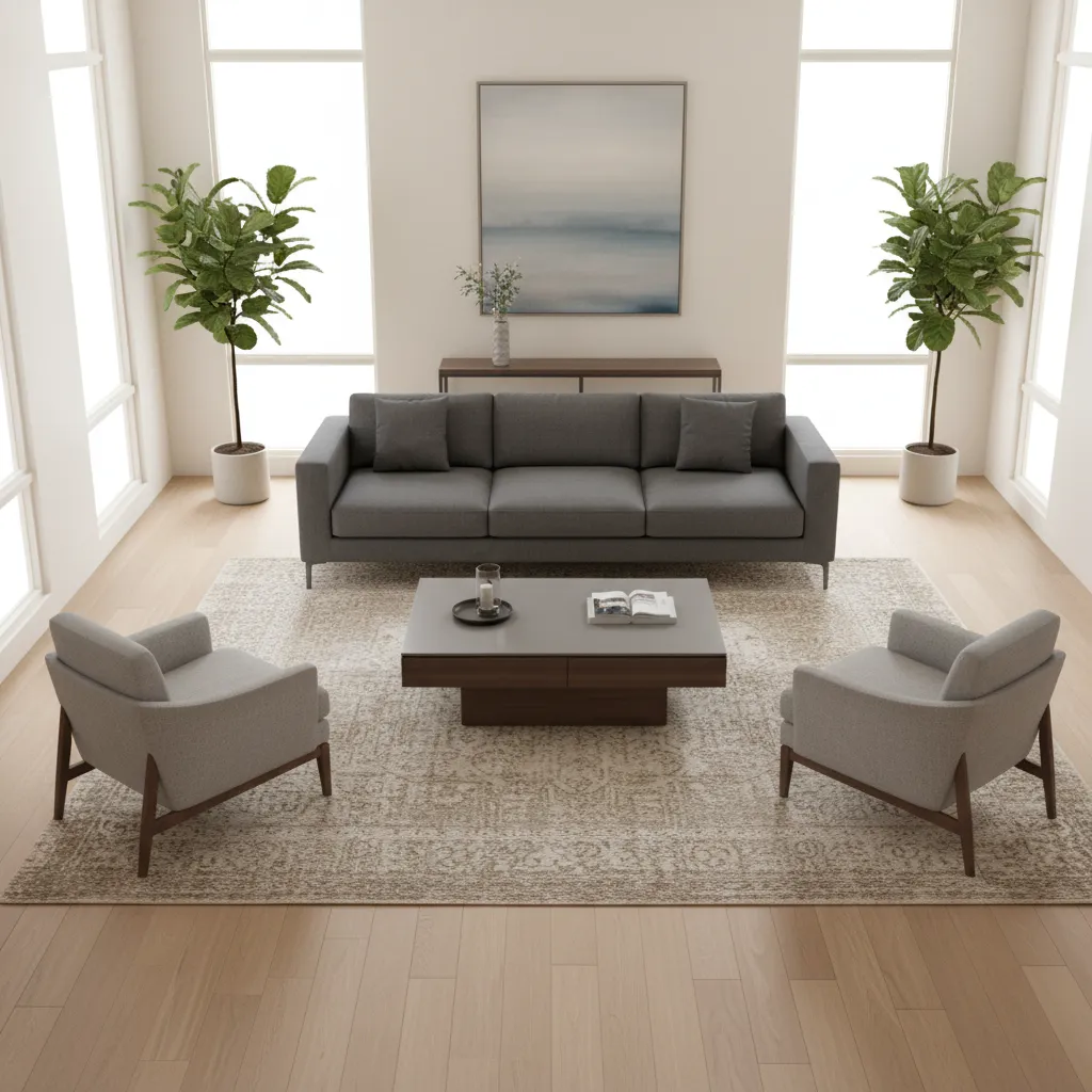 Living room layout showing a 5x8 rug under front legs of sofa and chairs