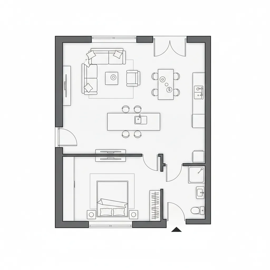 Sơ đồ mặt bằng nhà 5x8m với phòng khách bếp và phòng ngủ