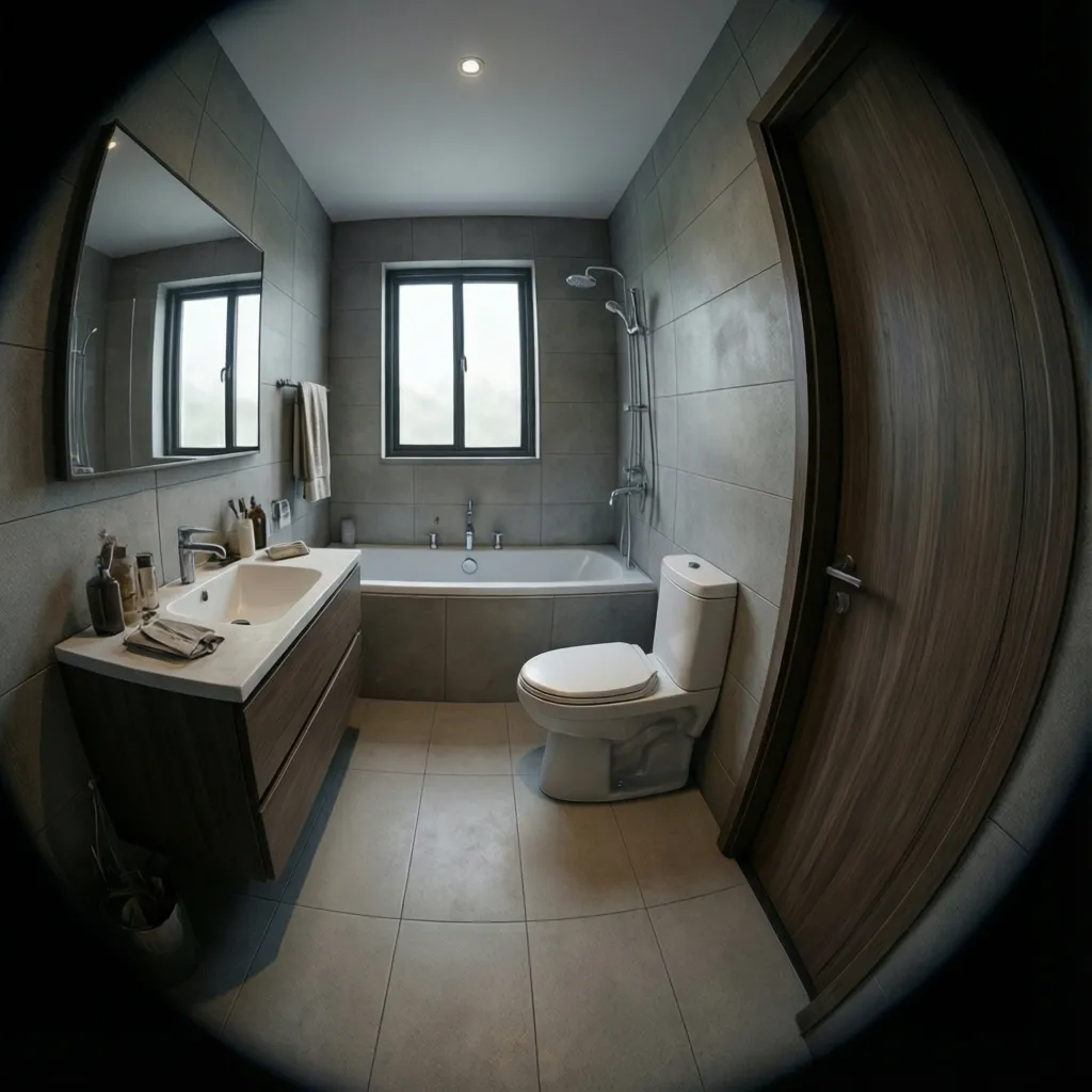 Small 5x9 bathroom interior overview with tub vanity and toilet layout