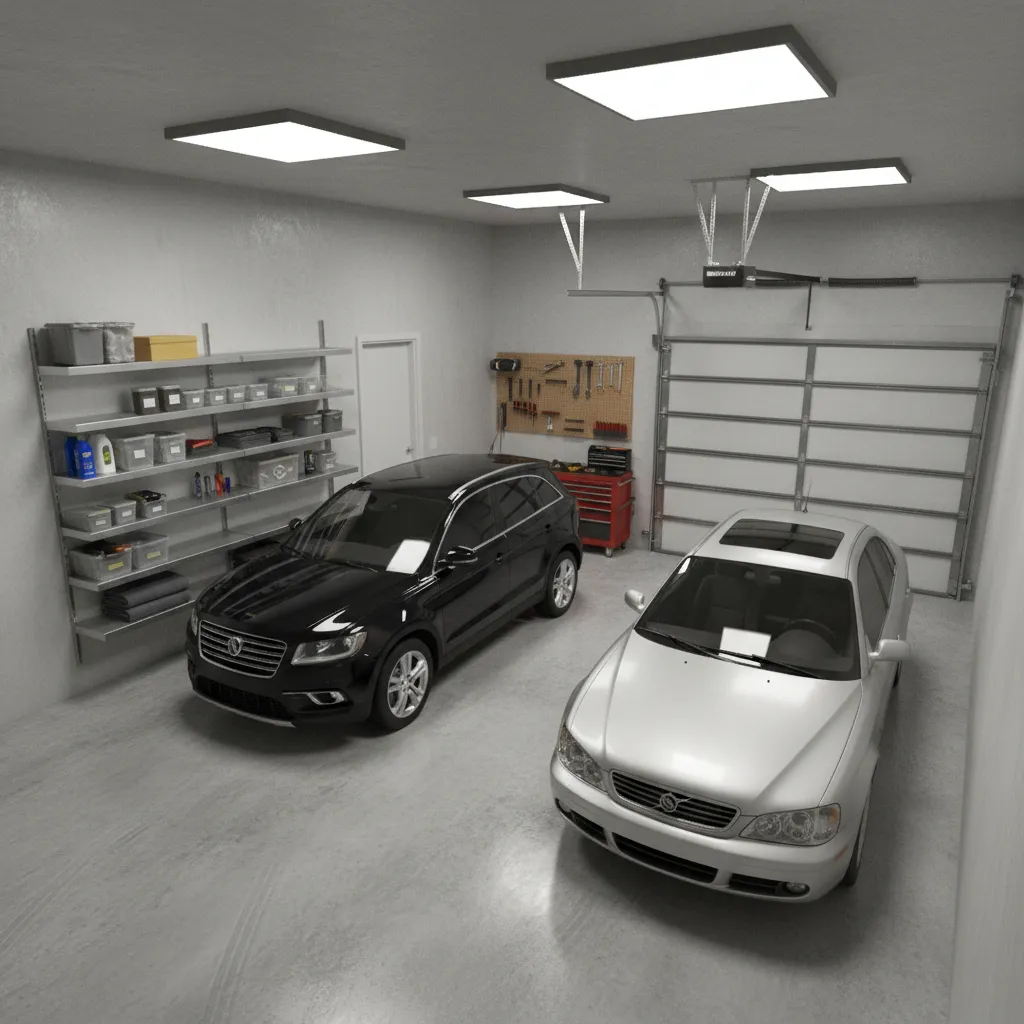compact 600 sq ft garage layout with two cars and limited storage