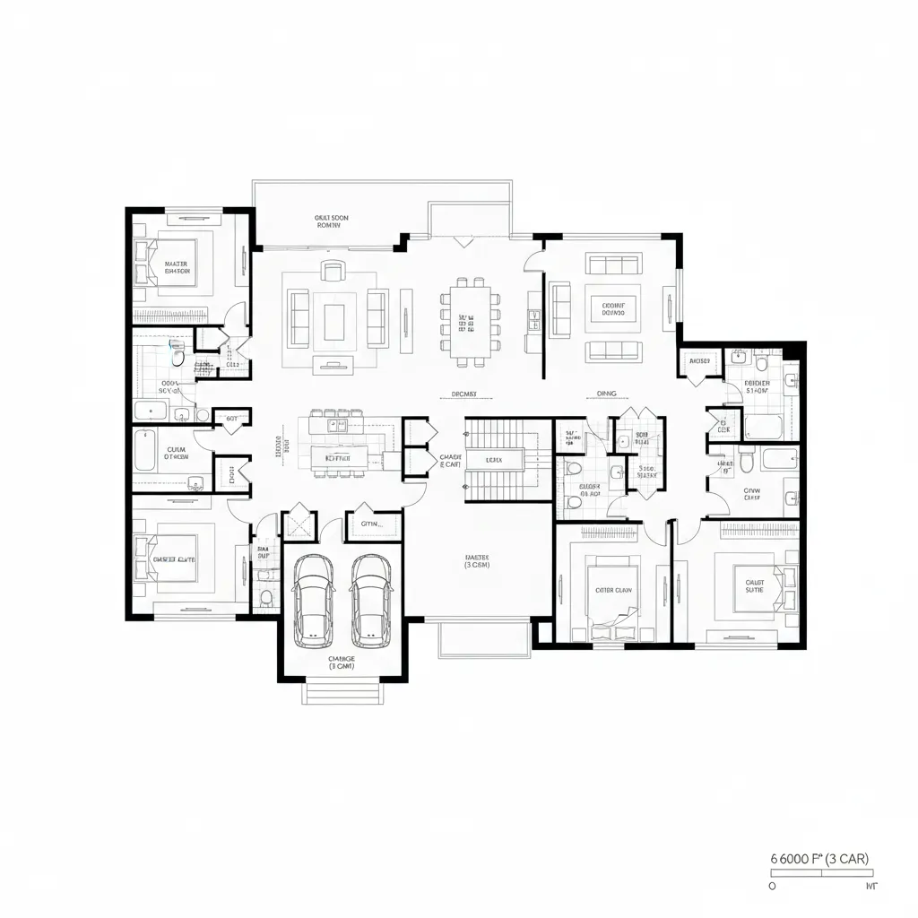 Example architectural floor plan of a 6000 sq ft house layout