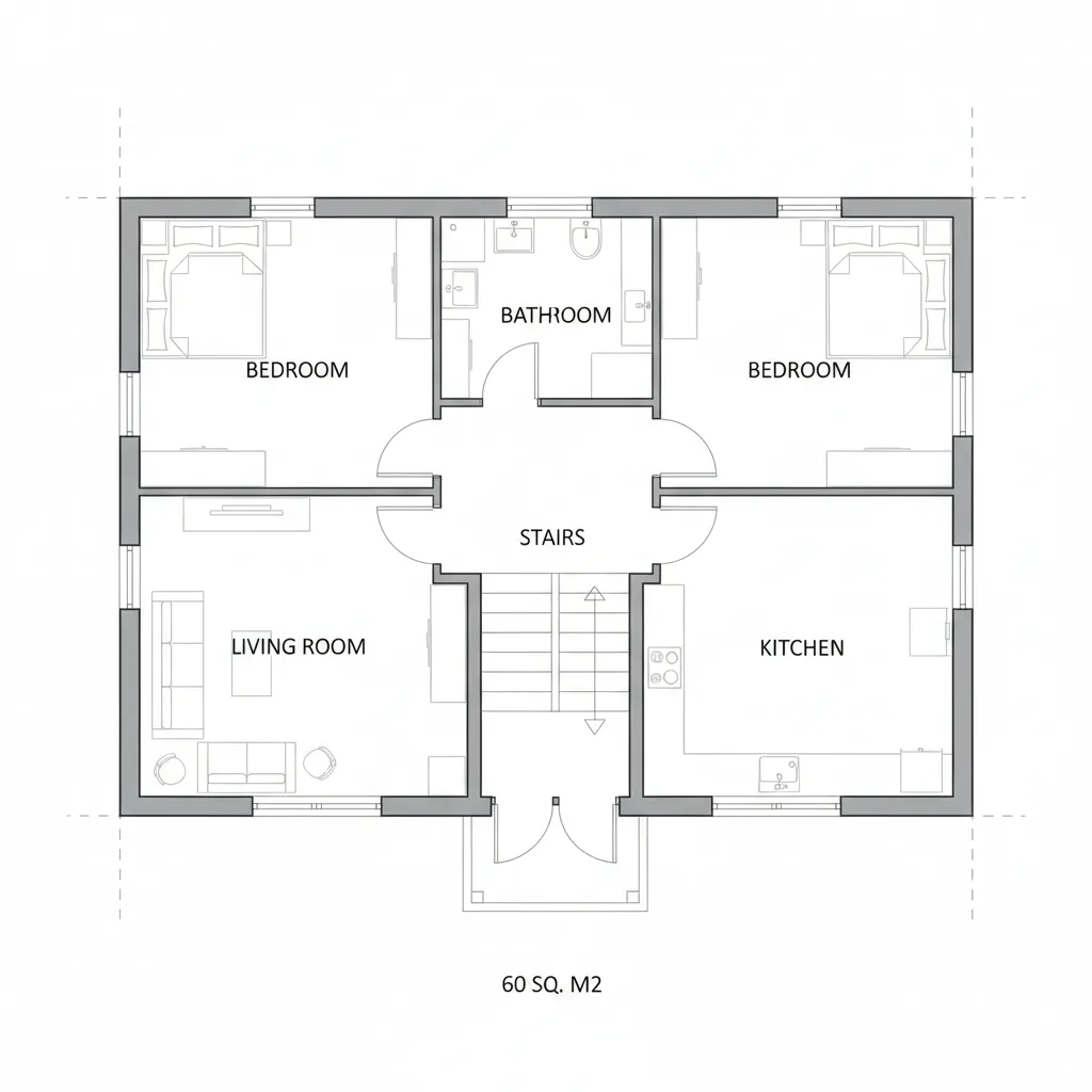 Two bedroom house floor layout design showing living room kitchen bathroom stairs and sixty meters