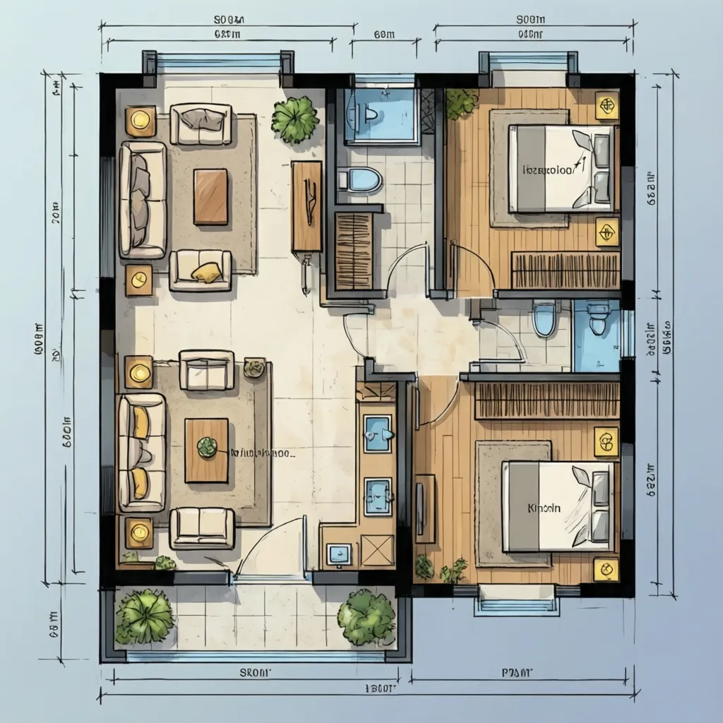 Sơ đồ mặt bằng nhà 60m2 một tầng gồm phòng khách bếp và hai phòng ngủ