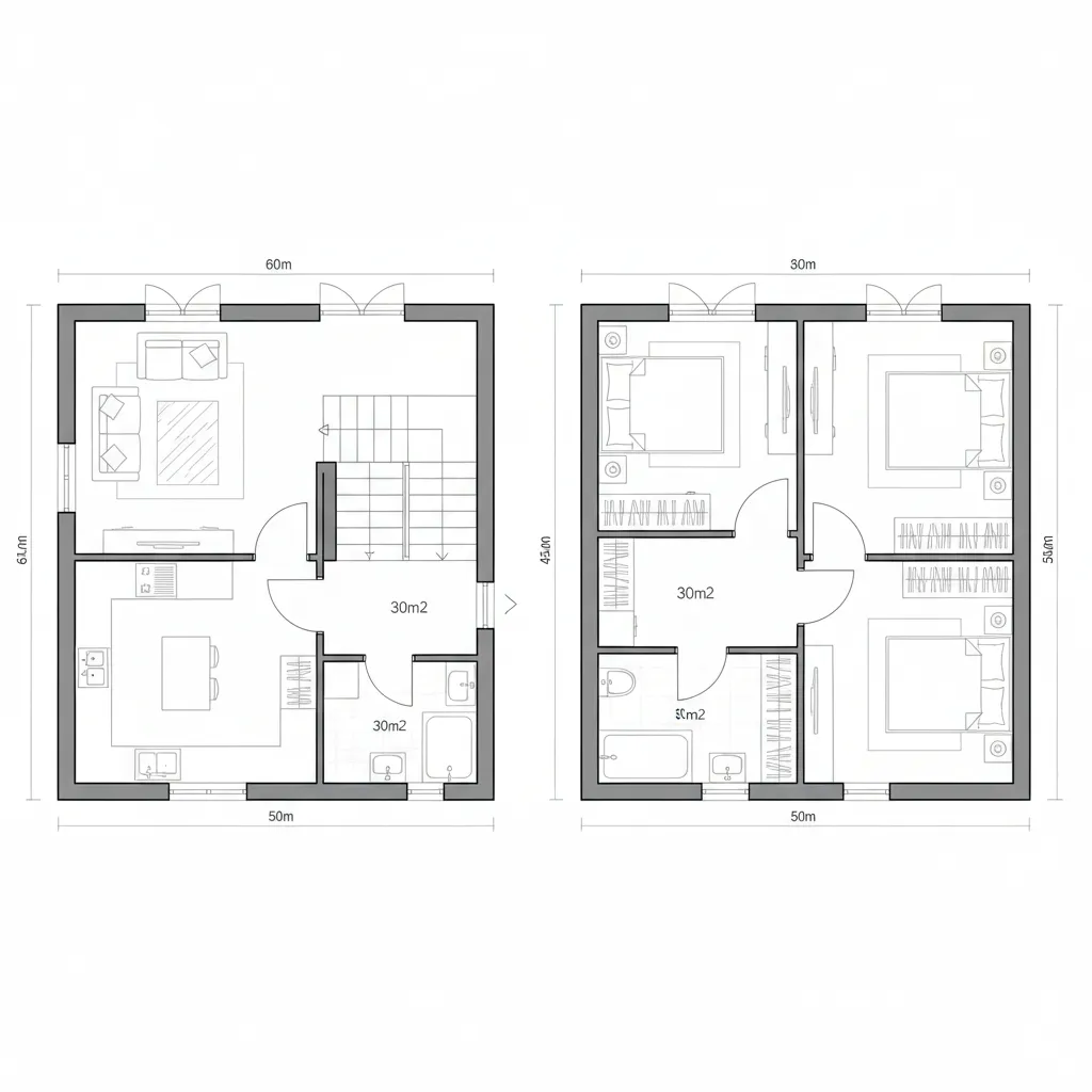 Sơ đồ bố trí mặt bằng nhà 2 tầng 60m2 với cầu thang giữa nhà