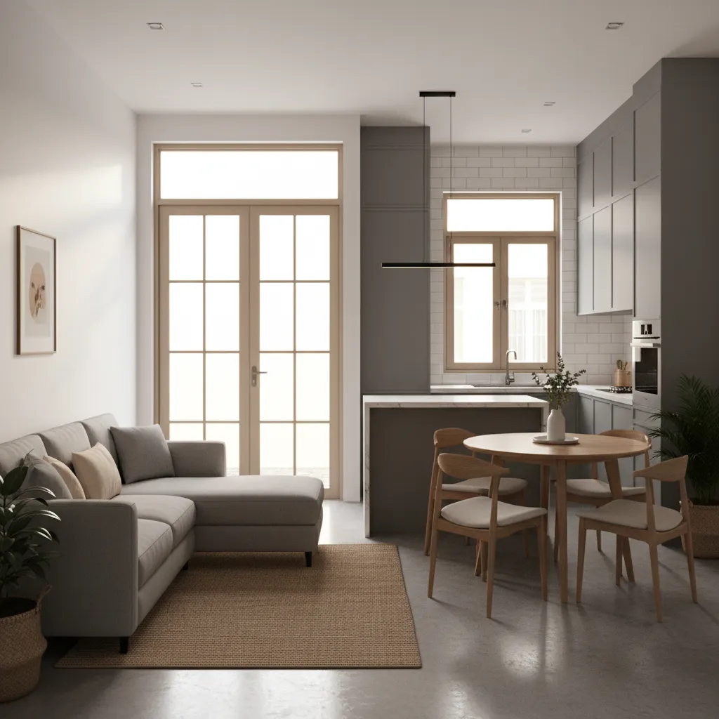 Không gian phòng khách và bếp mở trong nhà 2 tầng 60m2